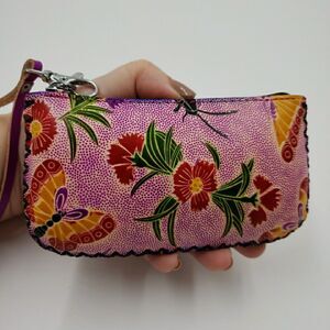 Small Zipper Pouch Wristlet Wallet Purple Floral Butterfly Boho Coin Purse Bag